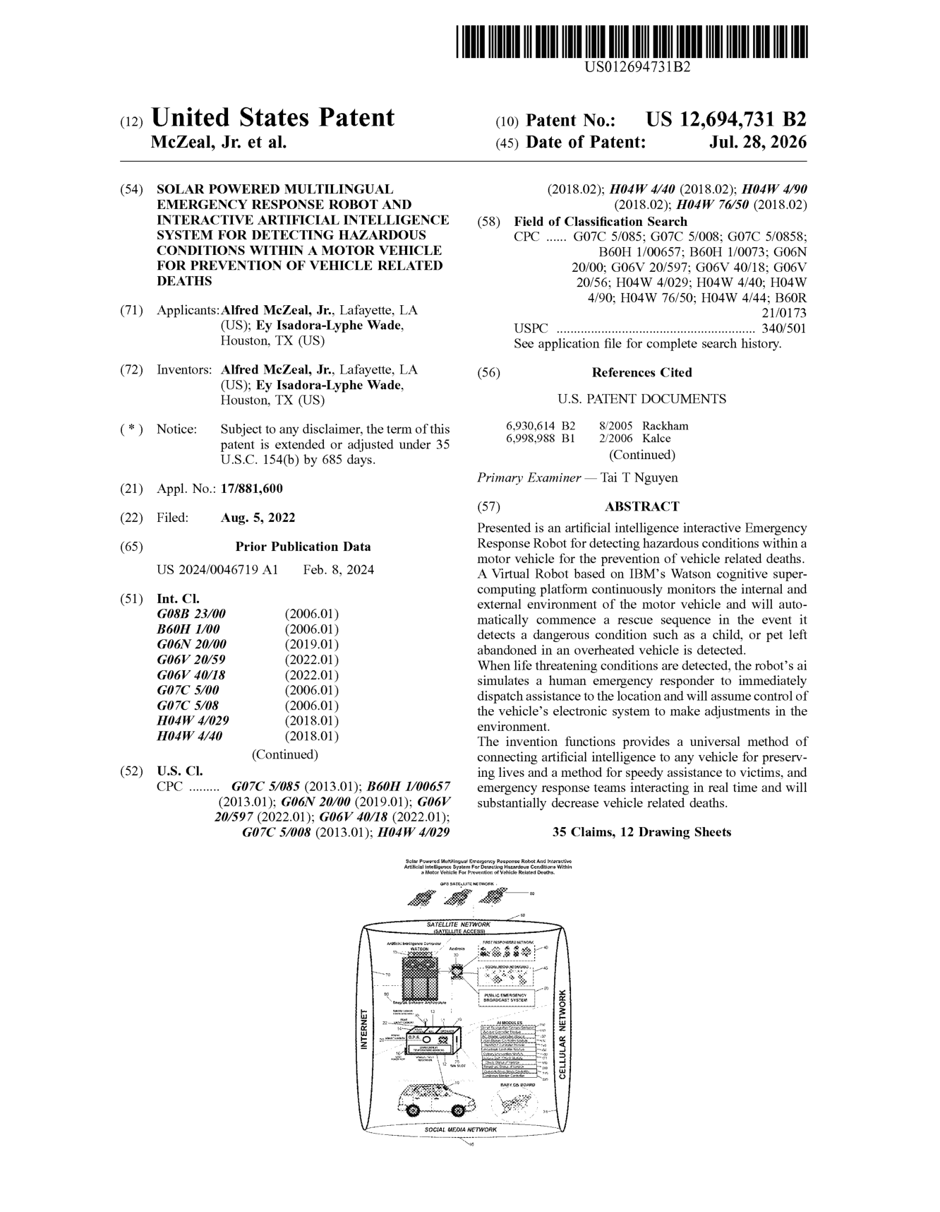 Publicly viewable first page of issued U.S. Patent No. 12,694,731 B2, listing inventors Alfred McZeal, Jr. and Ey Isadora-Lyphe Wade